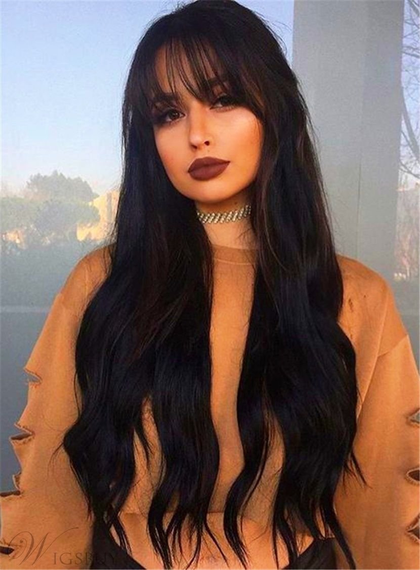 Длинные черные волосы с челкой