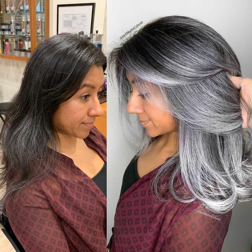 Колорирование темных волос с седыми волосами