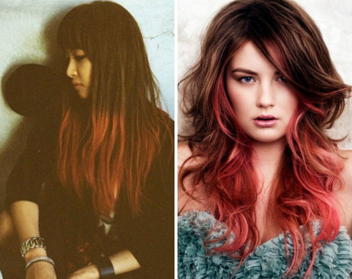 Цветные волосы с каштановыми корнями