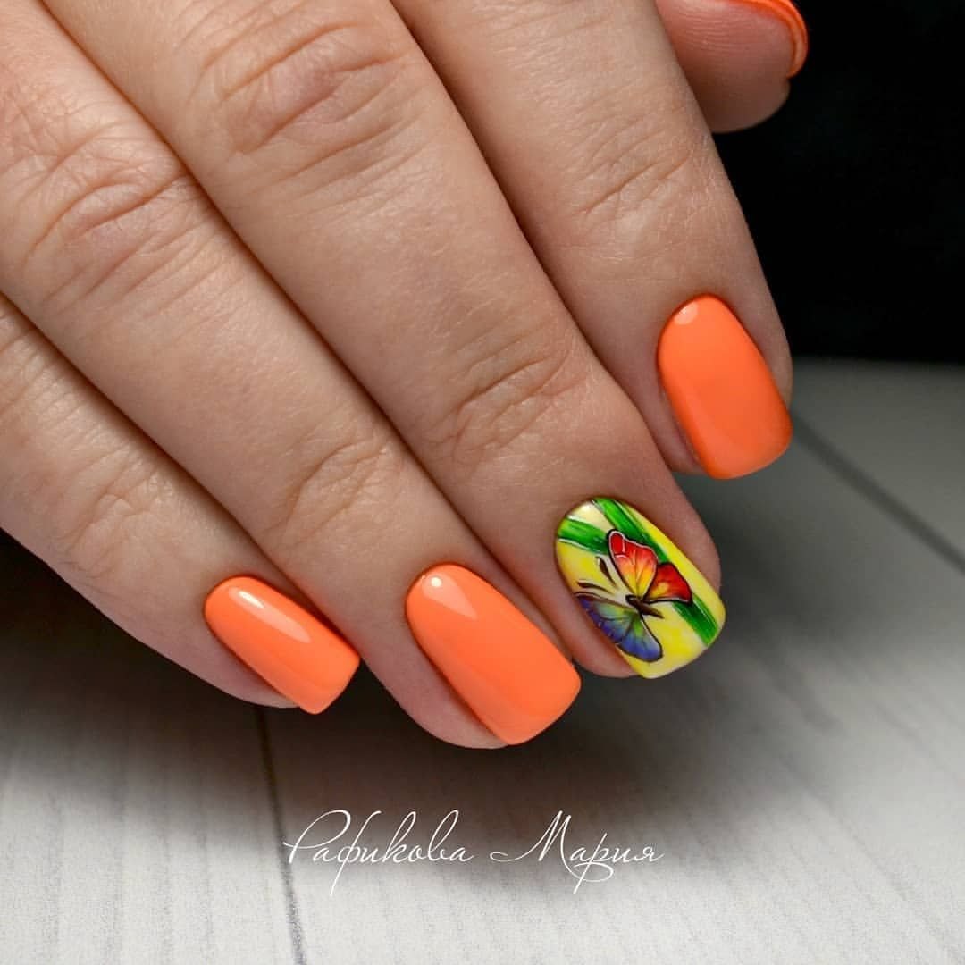 Маникюр оранжевый с зеленым