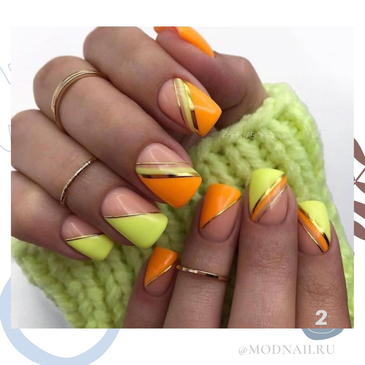 Маникюр в оранжево зеленых тонах