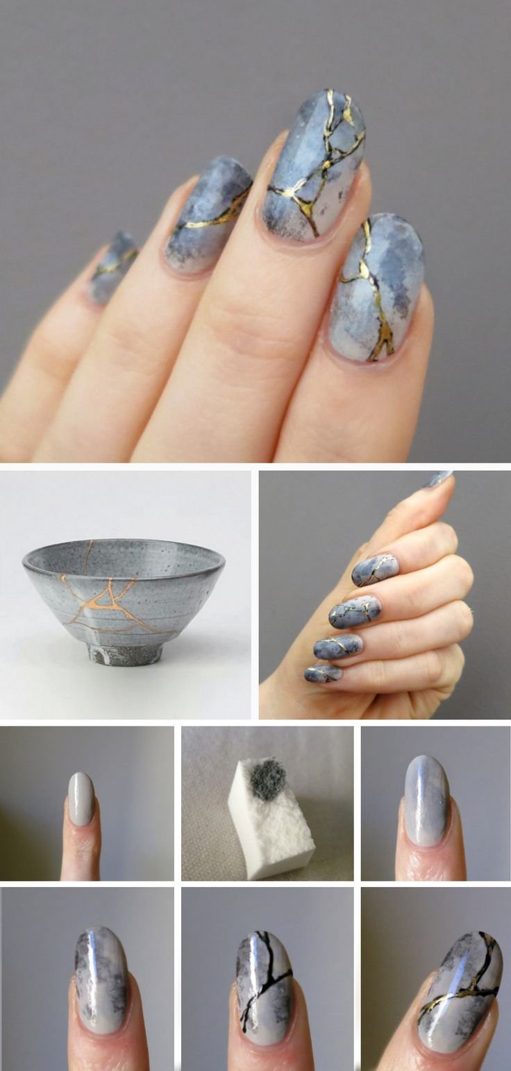 Ногти голубой мрамор с золотом
