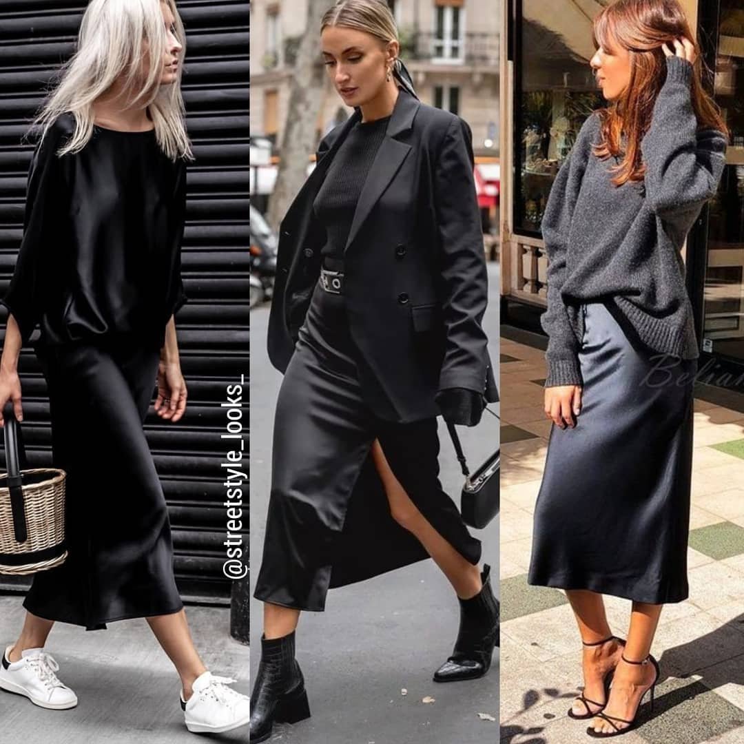 Черная атласная юбка миди