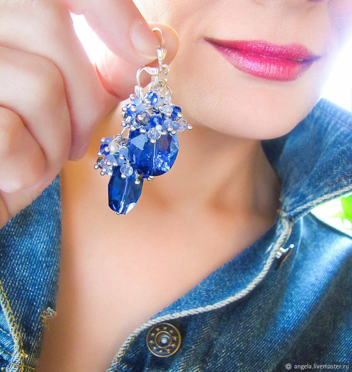 Серьги с синим камнем бижутерия