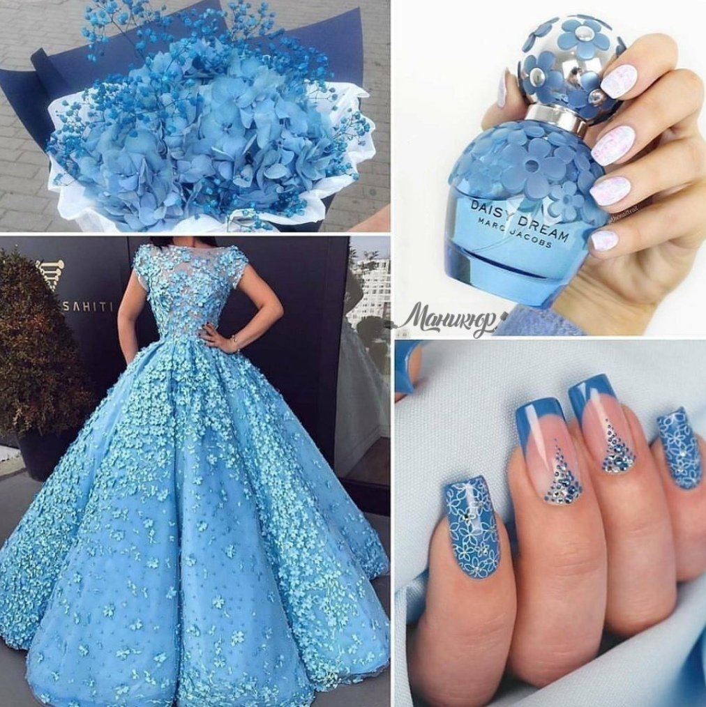 Голубые украшения зеленое платье