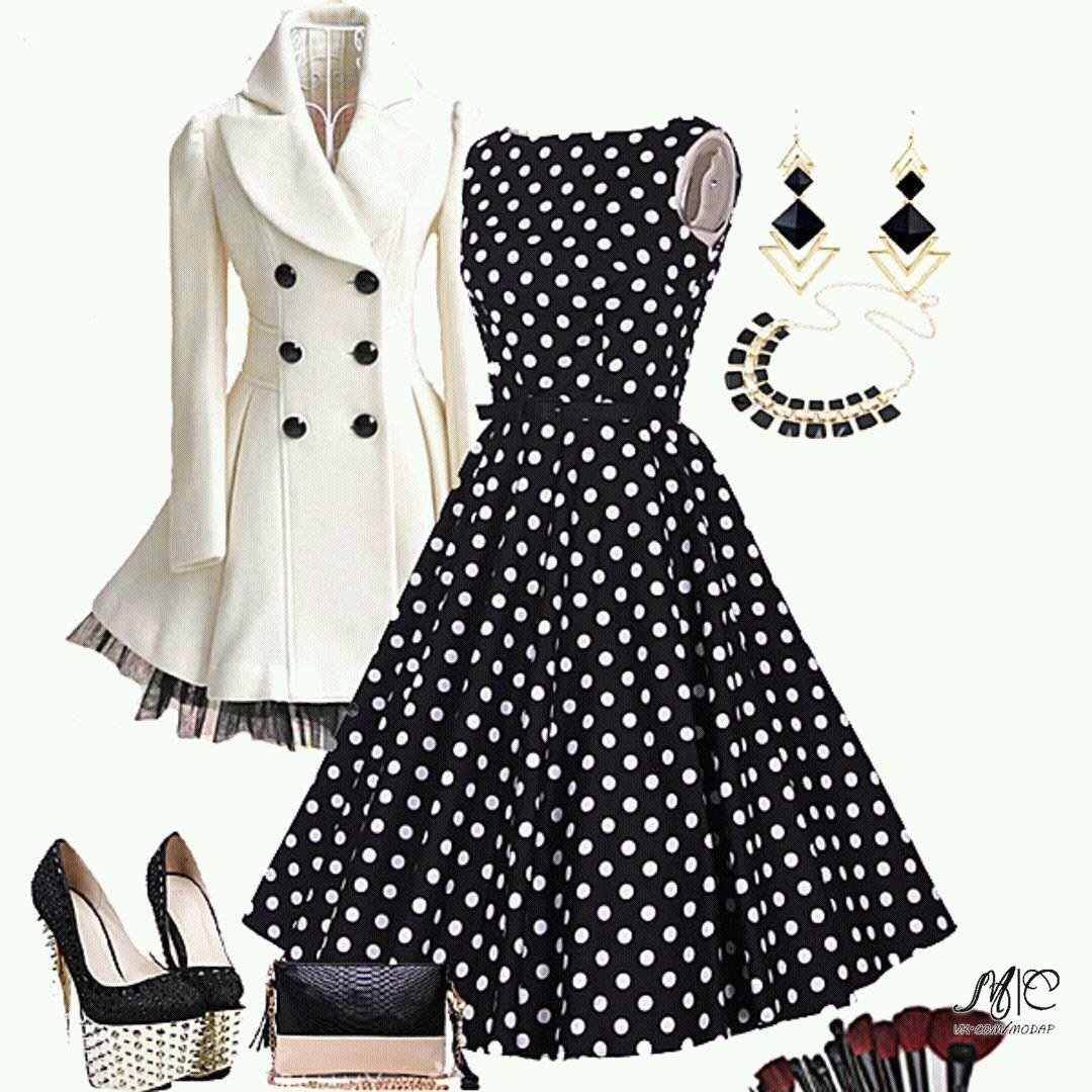 Черное платье в горошек образы