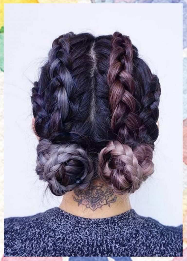 Прическа с шишками и косичками