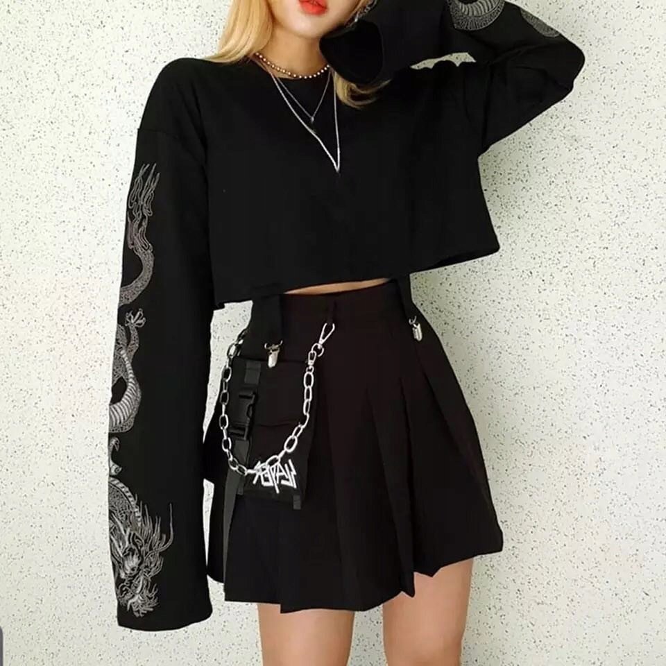 Goth outfit Грандж чёрная корейская одежда
