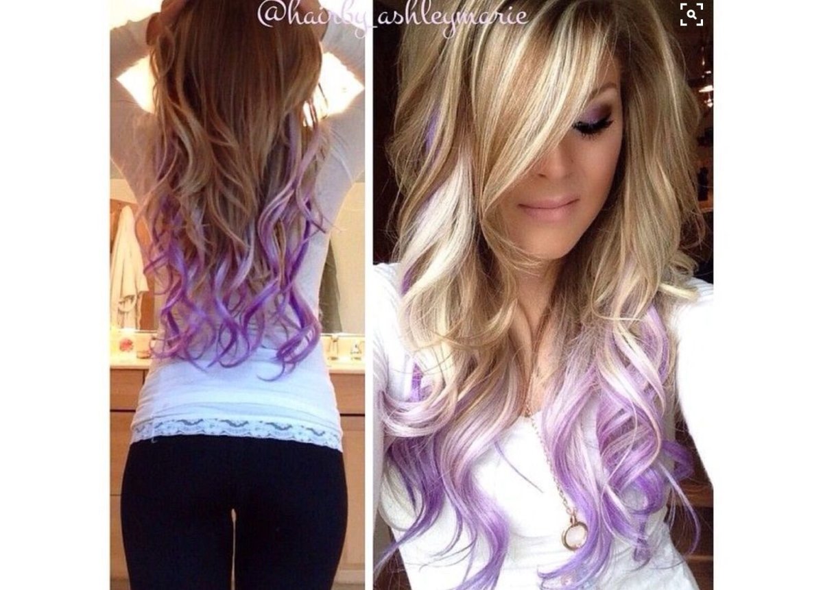 Цветное омбре на прямых светлых волосах