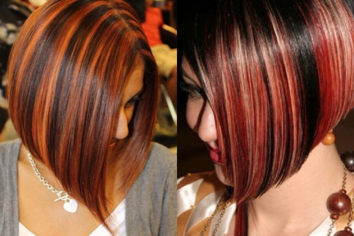 Красная растяжка на темных волосах короткие