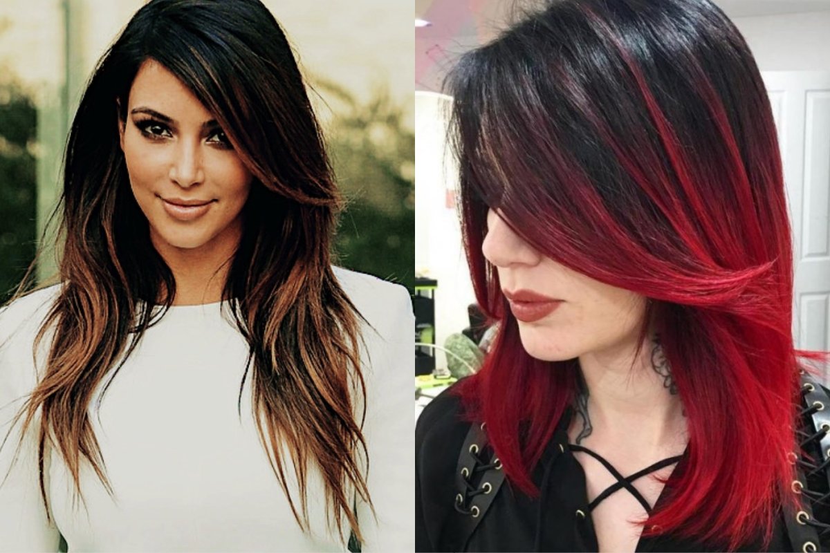 Красное омбре на темные волосы средней длины с челкой