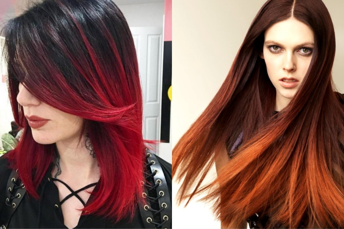 Окрашивание в красный цвет кончики и пряди