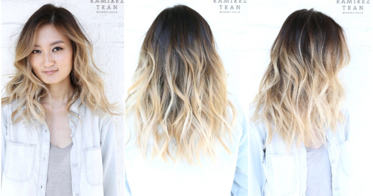 Балаяж на русые волосы с челкой