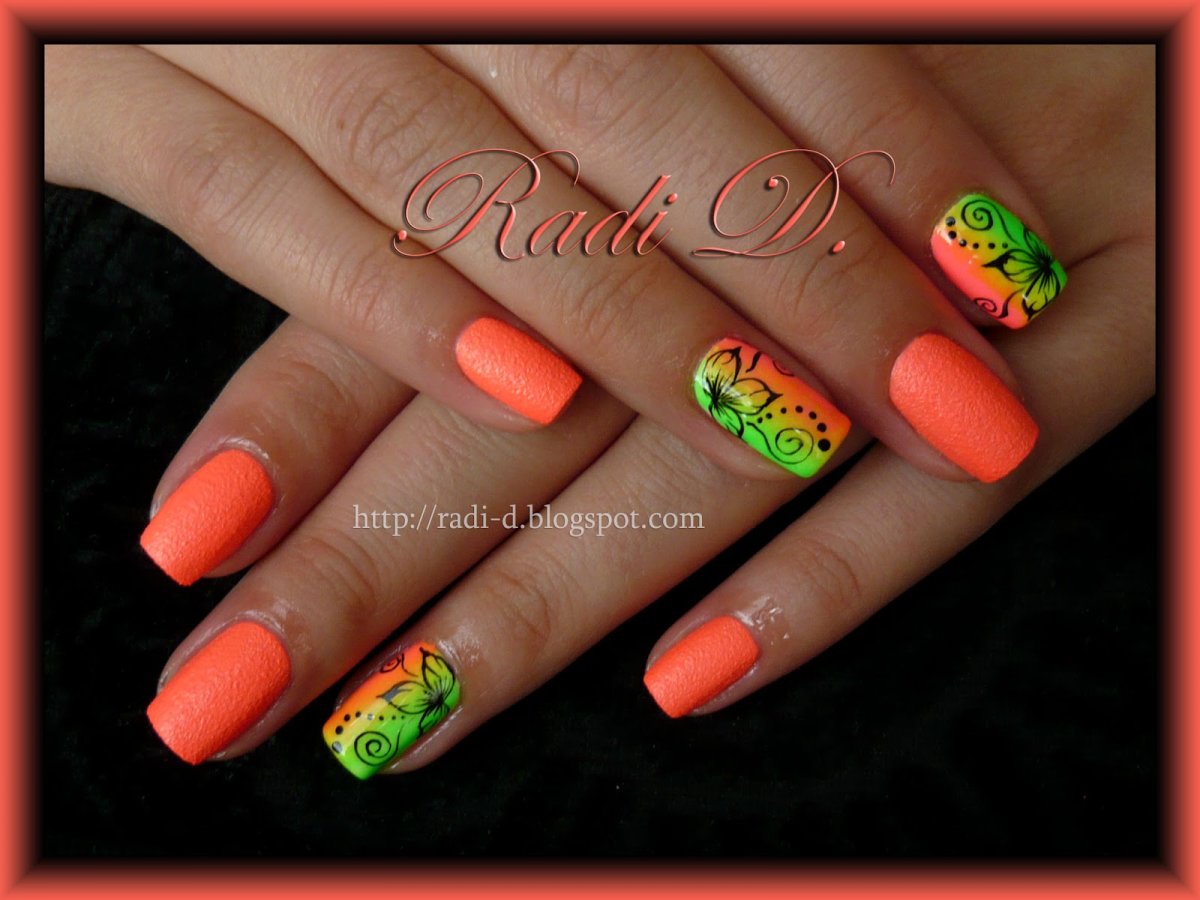 Маникюр оранжевый с зеленым