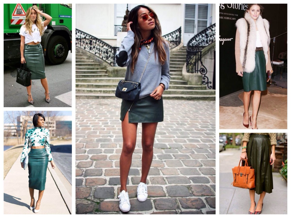 Образ с зеленой кожаной юбкой