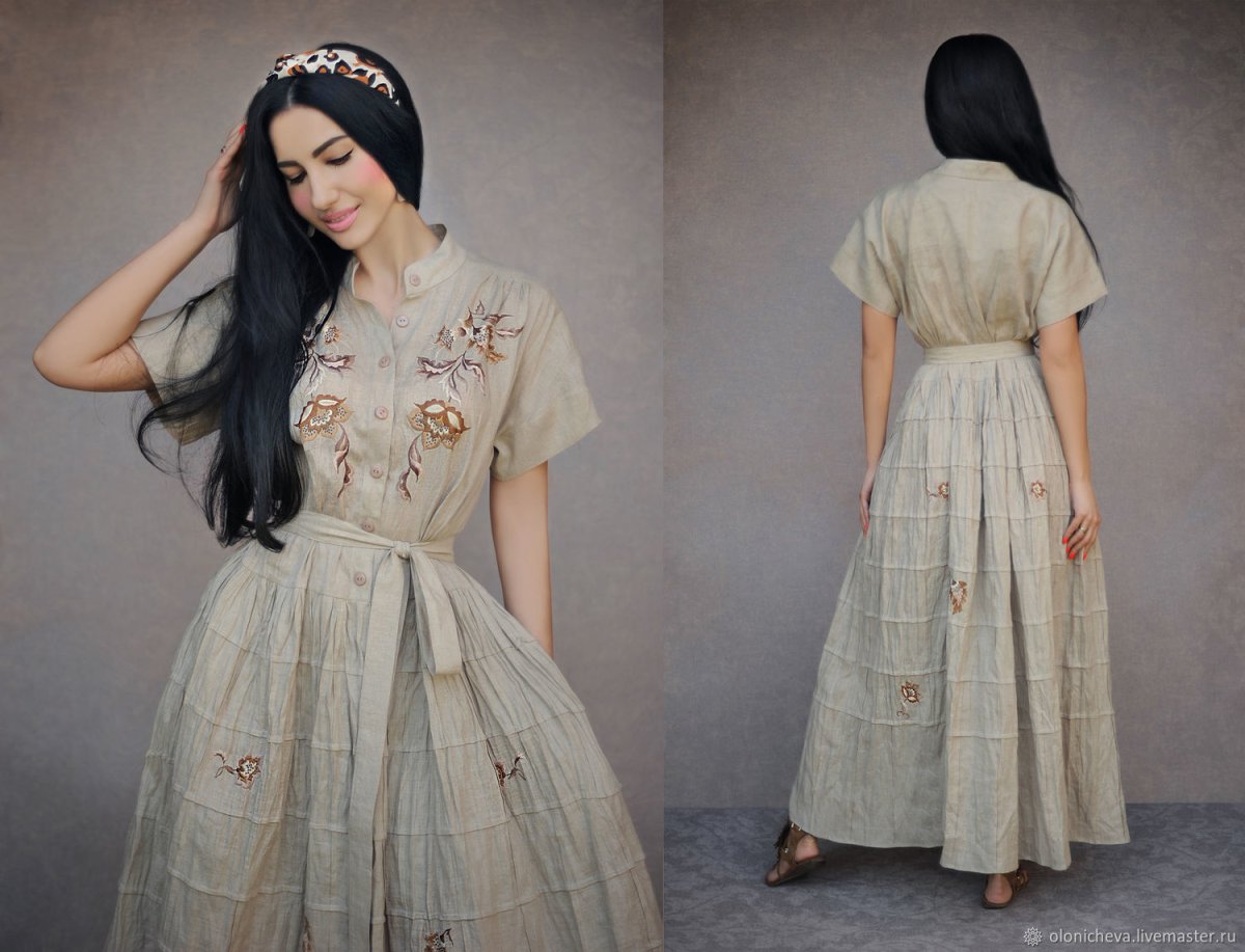 Вышитое платье бохо льняное