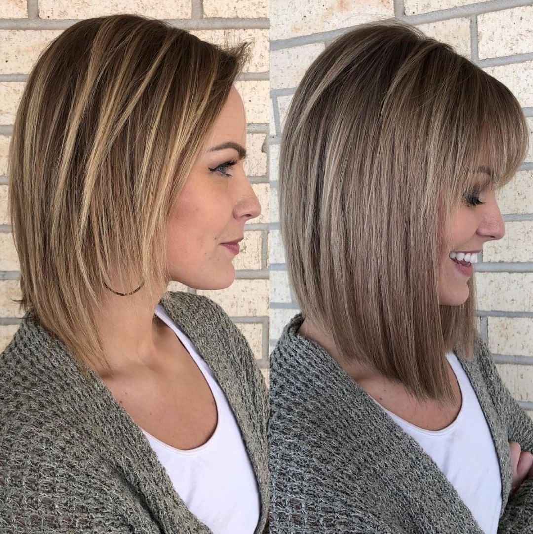 Удлиненное каре с косой челкой мелирование