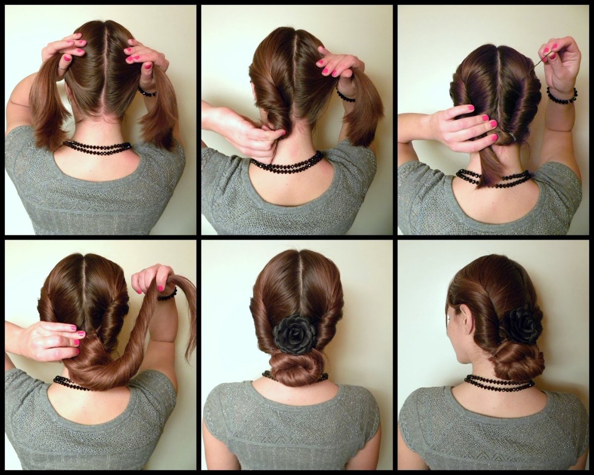 Прическа баранки из косичек с лентой