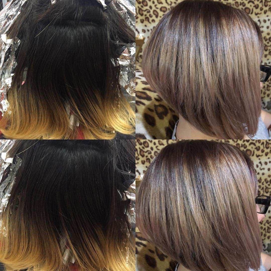 Окрашивание на каре с челкой на темные