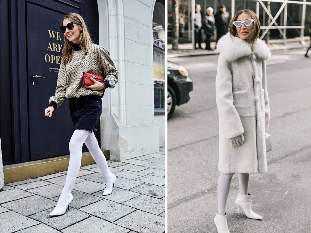 Белое платьеисичерными колготками