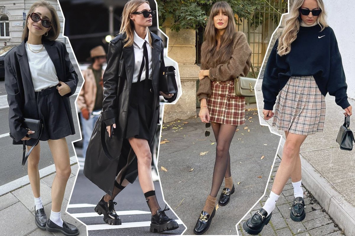 Светлые лоферы с черными колготками