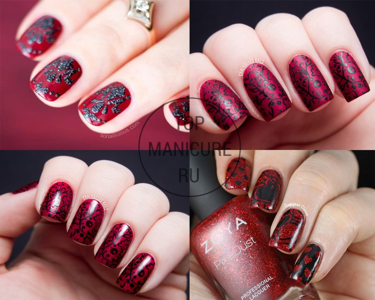 Темно-красный маникюр стемпингом