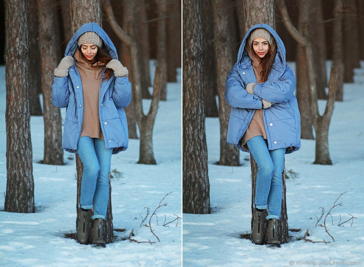 Голубой пуховик зимой