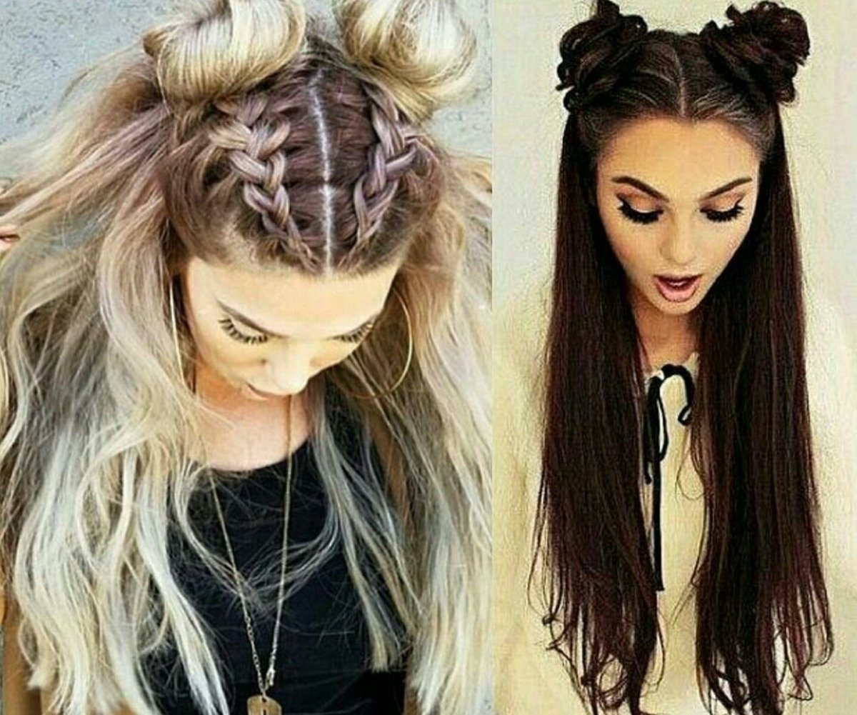 Прическа с рожками и распущенными волосами
